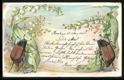 Präge-Lithographie Zwei Maikäfer halten Maiglöckchenstengel, so dass sie ein Portal bilden