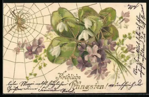 Präge-Lithographie Goldene Spinne im Netz neben Maiglöckchen und Flieder, Pfingstgruss