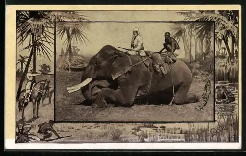 AK Liegender Elefant mit weissem Jäger und afrikanischem Begleiter auf dem Rücken, Krokodiljagd