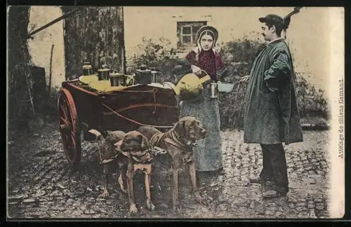 AK Flämische Milchverkäuferin mit Hundegespann bedient einen Kunden