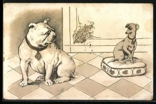 Lithographie Bulldogge schaut auf einen kleineren Hund