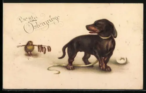 AK Dackel und Osterküken mit Zweig, Ostergruss