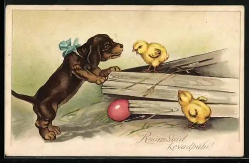 AK Dackel mit zwei frisch geschlüpften Küken und Osterei