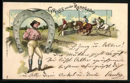 Lithographie Dame in Reitkleidung vor Reitern auf der Rennbahn, Hufeisen