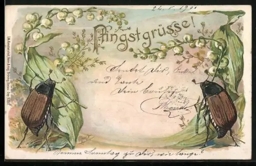 Lithographie Zwei Maikäfer halten Maiglöckchenstengel und bilden ein Portal