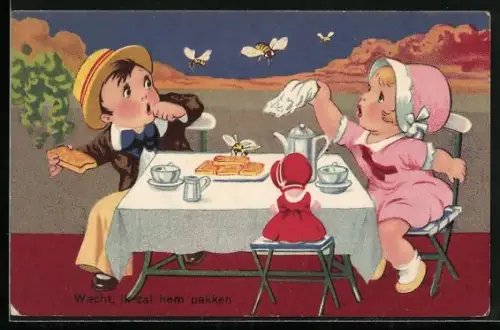 AK Kleines Paar am Kaffeetisch mit aufdringlichen Wespen