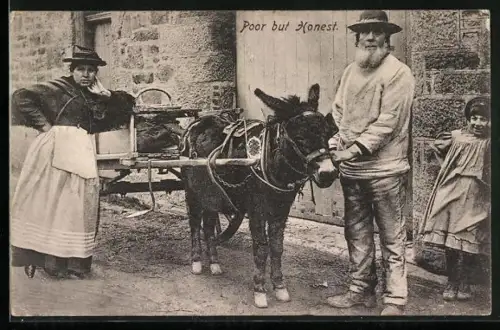 AK Poor but Honest, Eselgespann mit Besitzerpaar