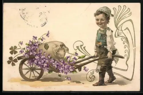 Präge-Lithographie Knabe mit Schwein und Blumen in einer Schubkarre, Glücksklee