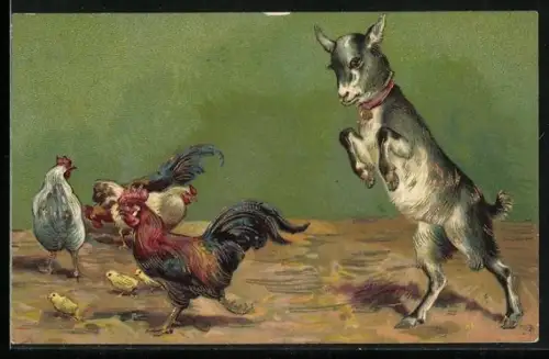 Lithographie Übermütiges Lamm und Hühner mit Küken