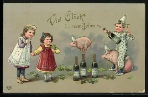 AK Auf Sektflasche balancierendes Ferkel, Kinder mit Glücksklee, Neujahrsgruss