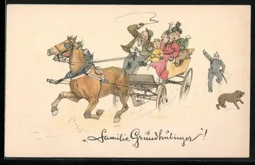 Lithographie Familie Grundhubinger fährt in Pferdekutsche einem Polizisten davon, Hund