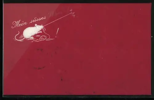 Präge-AK Weisse Maus zieht an einem Faden