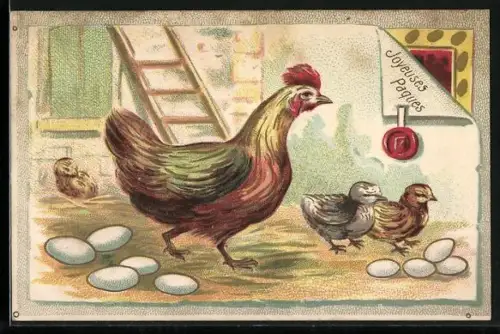 Präge-AK Huhn mit Küken und Eiern vor der Hühnerleiter, Ostergruss