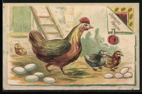 AK Huhn mit Küken und Eiern vor dem Stall, Ostergruss