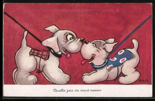 AK Zwei kleine Hunde beschnuppern sich fröhlich beim Gassigang