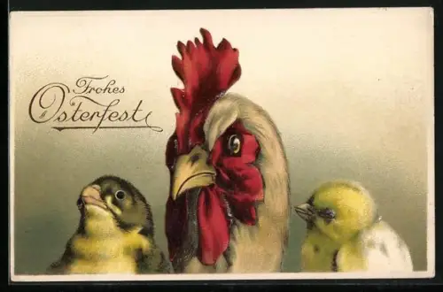 Präge-AK Huhn und zwei Küken, Portrait, Ostergruss