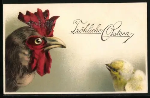 Präge-AK Huhn und Küken schauen sich an, Ostergruss