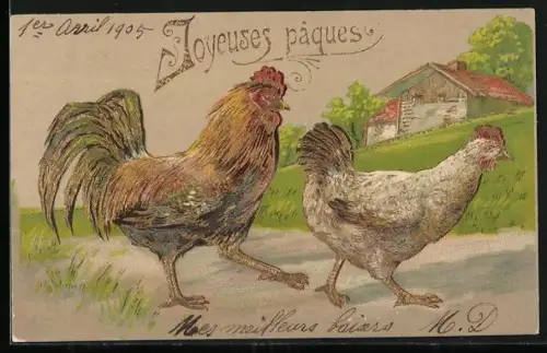 AK Hahn und Henne auf einem Feldweg