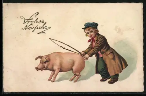 AK Knabe versucht ein Schwein zu dressieren, Neujahrsgruss