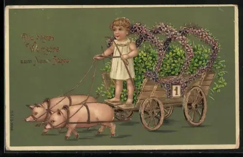 AK Kind fährt einen Glücksklee-Wagen, von Schweinen gezogen, Neujahrsgruss