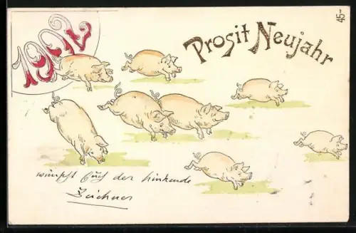 Lithographie Fröhlich rennende Schweine, Neujahrsgruss 1902