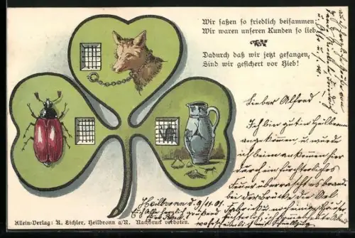Lithographie Kleeblatt-Rahmen mit Marienkäfer und Hund hinter Gittern