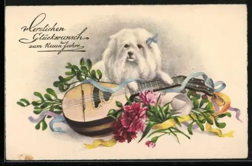 AK Kleiner Hund mit Pfoten auf einer Mandoline, Neujahrsgruss