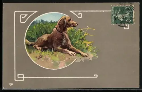 Präge-AK Liegender Jagdhund auf einer Wiese, Ornament-Rahmen