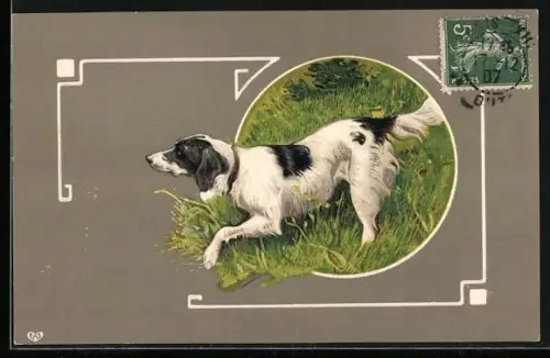 Präge-AK Münsterländer auf einer Wiese, Ornament-Rahmen