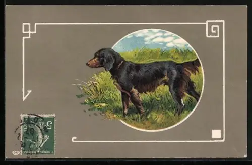 Präge-AK Aufmerksamer Jagdhund auf einer Wiese, Ornament-Rahmen
