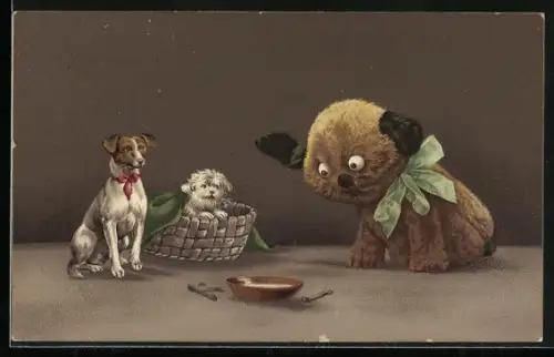 AK Zwei kleine Hunde und ein Teddybär