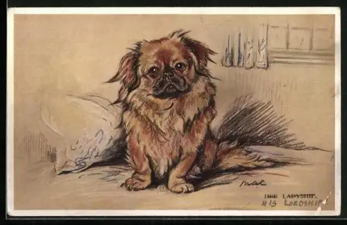 AK Her Ladyship, Pekinese neben einem Kisen
