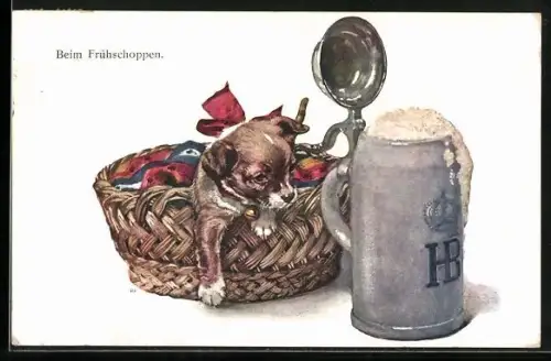 AK Beim Frühschoppen, Hundewelpe im Korb und Bierkrug