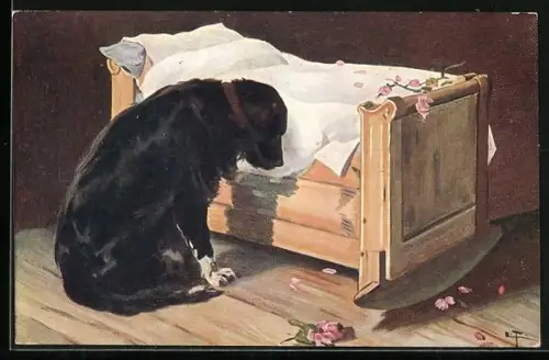AK Fedeltà, Hund trauert vor einem leeren Kinderbettchen