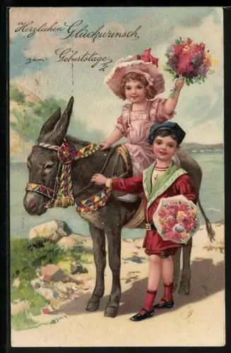 Präge-AK Kleine Gratulanten mit Esel und Blumen vor einem Gewässer, Geburtstagsgruss