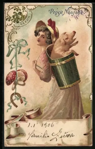 Präge-Lithographie Junge Dame mit Ferkel auf dem Rücken, Glücksbringer, Neujahrsgruss
