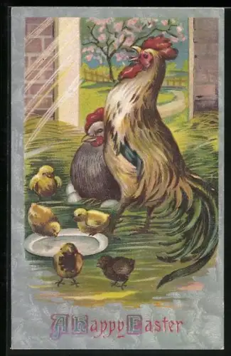 AK Hühnerpaar und Kükenschar im Frühling, Ostergruss