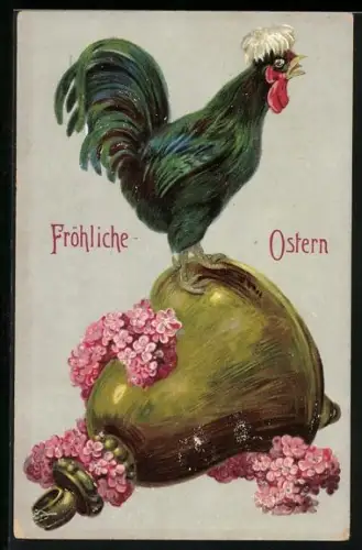 AK Ostern, Hahn auf der Glocke mit roten Blumen