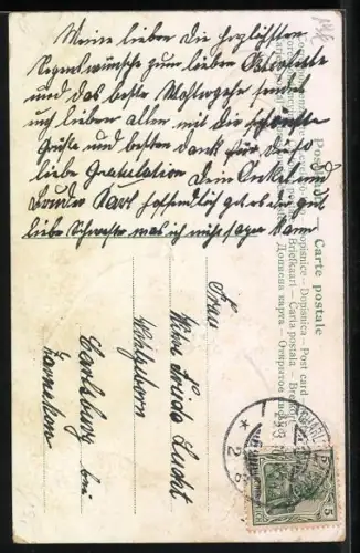 AK Ostern, Hahn auf der Glocke mit roten Blumen
