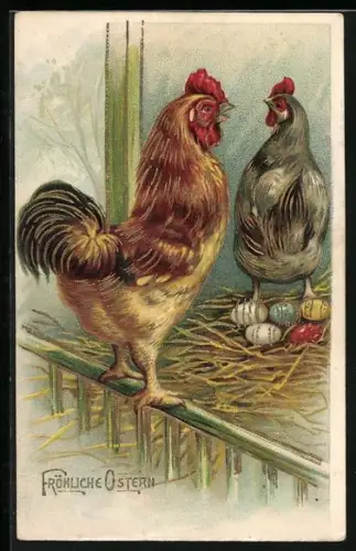 Künstler-AK Frohe Ostern, Hühner mit Eiern