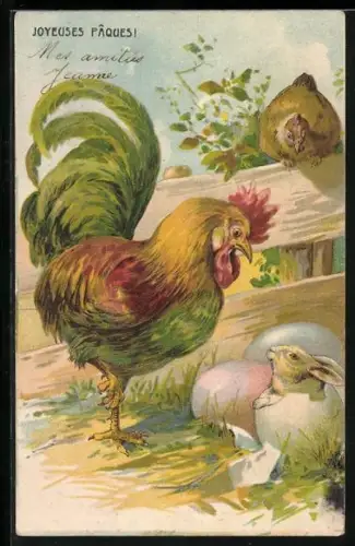 AK Hahn sieht einen Hasen neben Ostereiern, Ostern