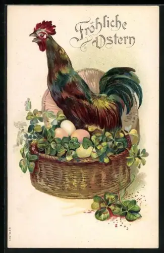 AK Krähender Hahn bewacht Korb mit Ostereiern, Kleeblätter