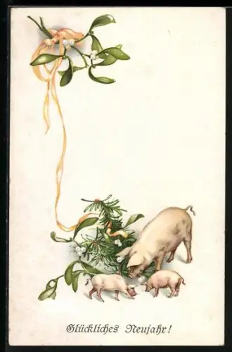 AK Schwein und Ferkel mit Mistelzweigen und Tannengrün, Neujahrsgruss