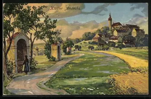 Künstler-AK Andechs, Kloster Andechs, Feldweg