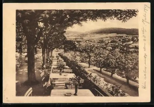 AK Bad Kissingen, Caférestaurant Fürst Bismarck, Gartenterrasse mit Blick auf Bad Kissingen