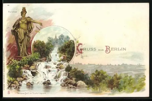 Lithographie Berlin-Kreuzberg, Wasserfall im Viktoriapark, Berolina-Statue