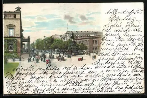 Lithographie Berlin, Unter den Linden, Denkmal Friedrich d. Gr.