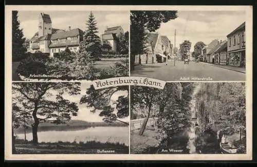 AK Rotenburg i. Hann., Strasse, Arbeitsdienstlager, Bullensee, Am Wasser
