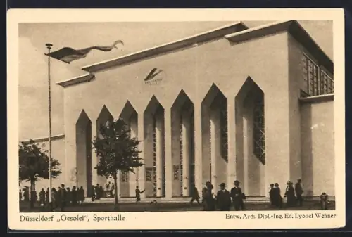 AK Düsseldorf, Gesolei 1926, Besucher vor der Sporthalle mit Fahnenmast