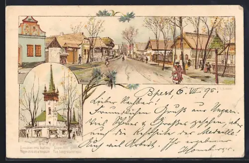 Künstler-AK Budapest, Exposition mittenaire, Rue hongroise et l`eglise